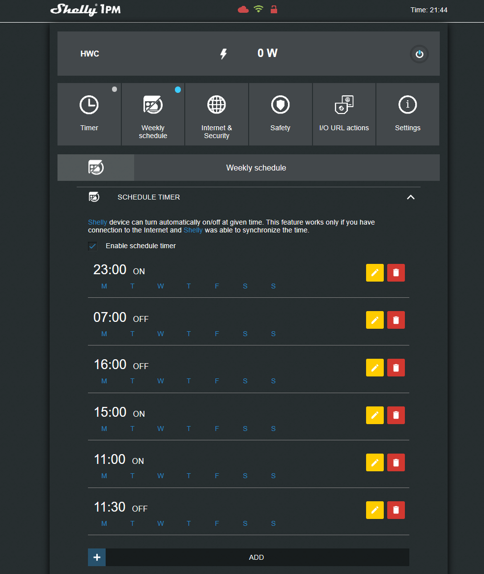 Shelly relay schedule screen